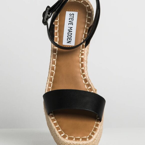 Steve Madden Upstage Black Leather Espedrille High Wedge Platform Sandal SIZE 7 - Picture 9 of 10
